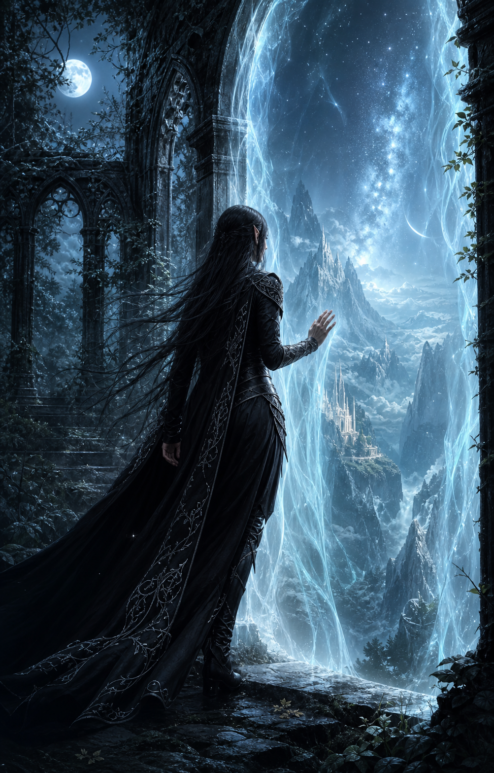 A raven-haired light elf crossing a luminous veil between ancient realms
